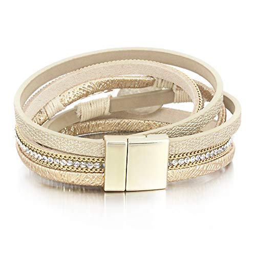 FANCY SHINY Gold 2 Wrap Bracelet Boho Jewelry Cuff Bracelet Crystal Bead Bracelet Rhinestone Handmade Bangle Braided Magnetic Clasp Bracelet Multi Strand Bracelet for Women Girl Men
