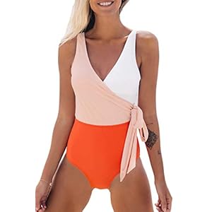 CUPSHE Damen Badeanzug mit Wickeloptik Farbblock Geknotete Einteilige Bademode Swimsuit Orange/Weiß XXL