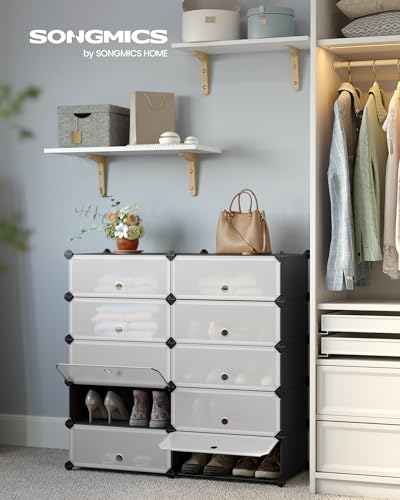 SONGMICS Zapatero Modular con 10 Compartimentos, Estantería Modular de Plástico, Bricolaje, con Puerta, con Martillo, Negro MLPC10H