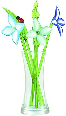Fantasy Flowers Hand Blown Glass Flower Set - Includes Vase and Leaves with Red Ladybug