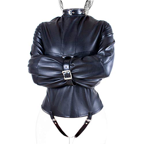 COSY-L SM Bondage Jacket Arm Restraints Sleeve, Adult Slave Training Dog Collars, for Couples BDSM Sexual Life Black Leather Exposed Nipples Bra,0.72KG