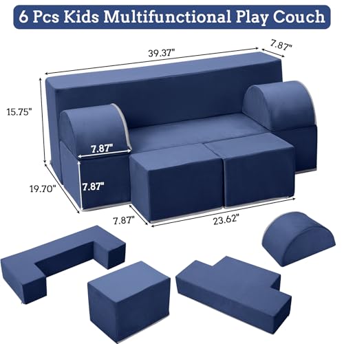 Garvee 6-Piece Modular Kids Play Couch, Convertible Toddler Foam Sofa Set with Removable Washable Cover, Soft Polyester Velvet Stackable Children's Furniture for Playroom Bedroom Indoor Playground