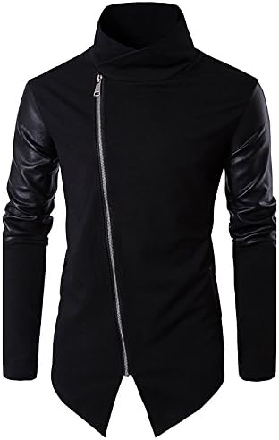 Lemumu Men Casual/Daily Work To Fall Autumn Jacket for Tough Long-Sleeved Regular PU Leather Cotton Patchwork Black Stand