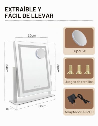 Mursche Lighted Makeup Mirror, Hollywood Mirror, 25 x 30 cm, LED, Vanity Mirror, Small Makeup Mirror with Light, Tabletop Mirror, 3 Modes, Tabletop Makeup Mirror