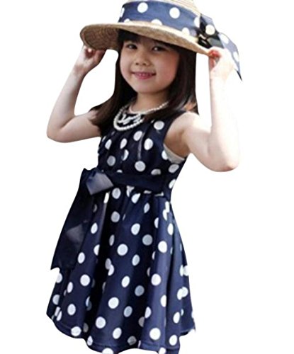 Shybuy Toddlers Polka Dot Skirt Sleeveless Flowers Girl Vintage Bow Dress (Blue, 5-6Y) - Thumbnail 6