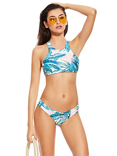 Two pieces backless bikini set tropical plants leaf printing ligh…