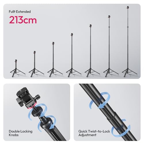 ULANZI MT-80 Aluminum Tripod Stand, 7FT Extendable Camera Phone Tripod for Travel, Auto Pop-Up, 1/4" Screw, 360 Ball Head Portable Photo Video Light Stand for DSLR Camera, Ring Light, Video Rig