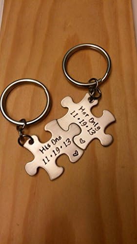 Hand Stamped Personalized Couples Puzzle Piece Keychain Set - His One Her Only with Dates - Anniversary Gift - Wedding Gift