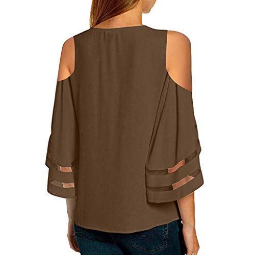 Finedayqi Woman Dress,Women Button V Neck Mesh Panel Blouse 3/4 Bell Sleeve Loose Top Shirt CO/XL Coffee