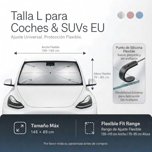 Zuquik Front Car Sun Shade 145 x 85 cm V-Opening for Cars and SUVs, Windshield Sunshade with Flexible Handle 360 Degrees, UV Block 3 Layers Odorless (Silver, L~L)