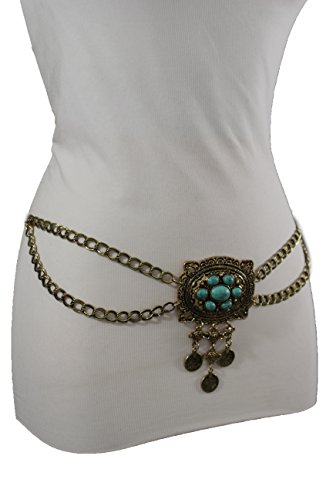 TFJ Women Fashion Metal Chain Belt Hip Waist Turquoise Blue Coins Gold Plus M L XL