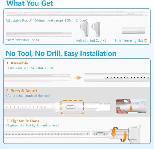 Dsocool Tension Curtain Rods No Drilling, Extra Long Tension Rod 100-220cm, Heavy Duty Shower Curtain Rod for Outdoor Patio Bathroom Windows Room Divider, Adjustable, Anti-Slip, No Rust