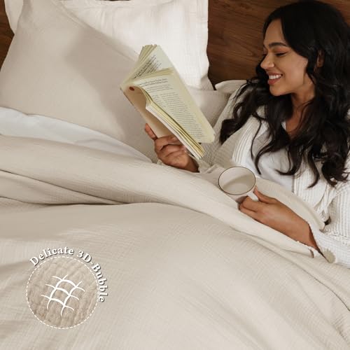 David's Home Cotton Muslin Comforter Set Queen Size, 100% Cotton Cover Ultra-Soft Breathable Lightweight Skin-Friendly for Spring Summer, 3PCS Linen Like Gauze Bedding with Polyester Filling, Natural