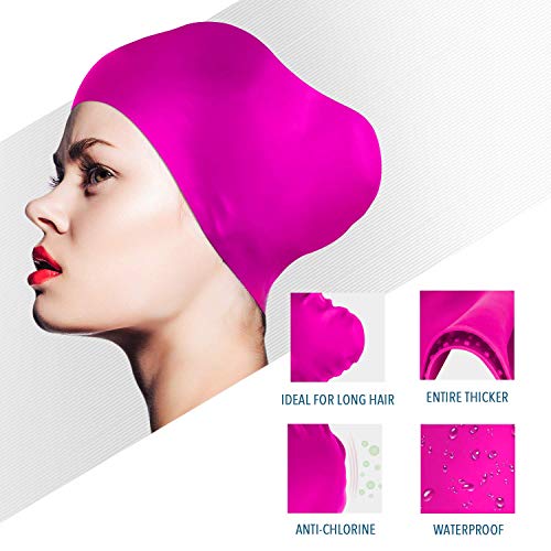 Long Hair Swim Cap 2 Pack, 3D Ergonomic Design Silicone Swimming Cap for Women and Men with Ear Plug and Nose Clip, 2019 Thicker Design (Black+Pink)