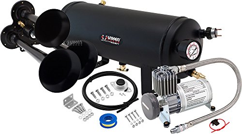 Vixen Horns Loud 135dB 3/Triple Black Trumpet Train Air Horn with 1.5 Gallon Tank and 150 PSI Compressor Full/Complete Onboard System/Kit VXO8815/3114B