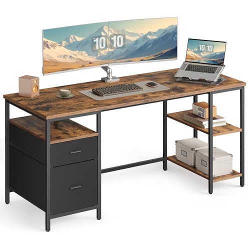 VASAGLE Computertisch, mit 3 Ablagen, 2 Schubladen, 160 x 60 x 76 cm