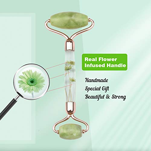 Jade Roller for Face Massage, Noiseless Facial Beauty Roller, Anti Aging Face Roller for Puffiness, Real Flower Infused Handle (Green)