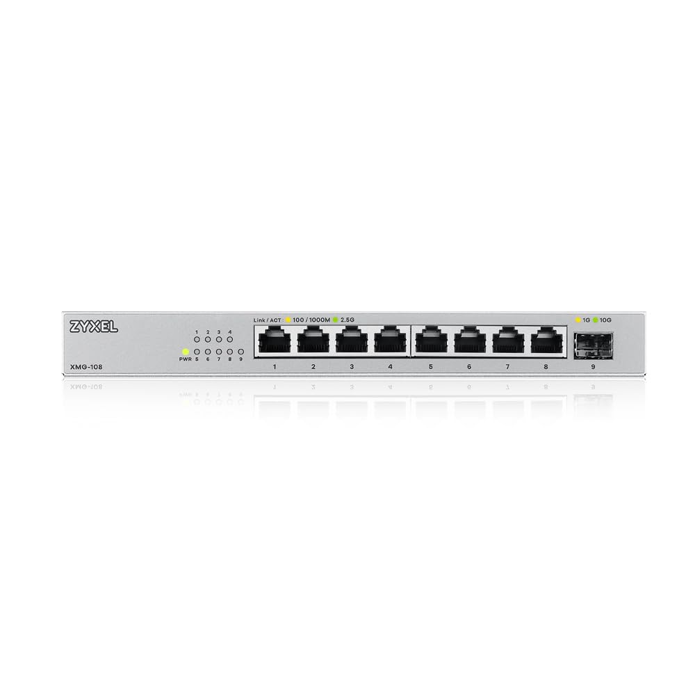 Zyxel Netzwerk Switch 8 Port | Unmanaged Multi Gigabit LAN Splitter | 8X 2.5 Gbit + 1x 10Gb SFP+ Ports | Lüfterlos Design | Plug and Play Einfach Installation | Desktop oder Wand Montage | XMG-108 2