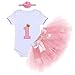 Baby Girls First Birthday Clothes One-piece Bodysuit 1st Crown Romper+Ruffle Tulle Skirt+Bowknot Headband 3PCS Set Toddler Infant Smash Cake Outfits for Casual Photo Shoot Pink Age 1 Year Old