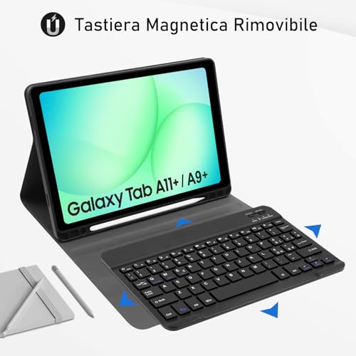 Tastiera Custodia per Samsung Galaxy Tab A11 Plus 2025/Tab A9 Plus 2023 11 Pollici, Custodia per Italiano QWERTY Tastiera con Portapenne,Tastiera Bluetooth Staccabile Cover con Samsung A11+/A9+ (Nero)