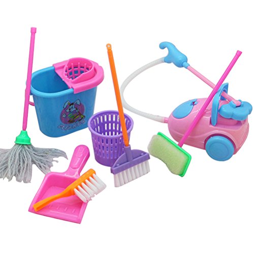 TOYMYTOY Pretend Play Housekeeping Clean up Toy Mini Floor Broom Mop Dust Collector Toy 9PCS (Random Color)