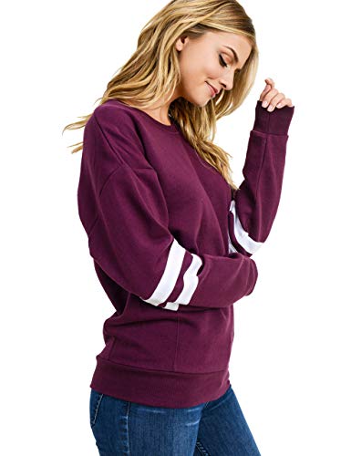 Women's Ultra Soft Fleece Stripe on Sleeves Varsity Solid Sweatshirt, Plum, Medium - Thumbnail 2