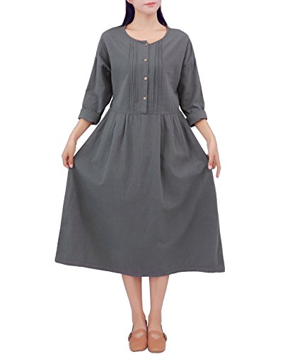 YUHEYUHE Women's Casual Loose Clothing Spring/Fall Cotton Linen Long Dresses with Pockets Blue Grey