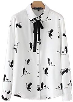 RENXINGLIN Women Bow Tie Blouse Bird Print White Shirt Long Sleeve Turn Down Collar Top Blusa