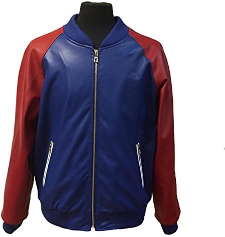 Men Real Leather Varsity Jacket Bomber Baseball Jacket Multicolored (4X-Large, Blue/Red)