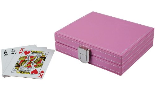 Charlotte Pink Leatherette Single Deck Poker Game Playing Card Holder with 10 Dice - 5 Inch