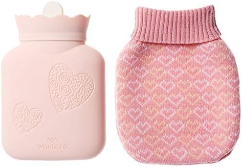 Silicone Hot Water Bag Bottle for Menstrual Pain Relief Hot Cold Therapy with Knit Cover-Gift for Birthday, Kids,Christmas, Valentine's Day, Gift Exchange Party (Pink)