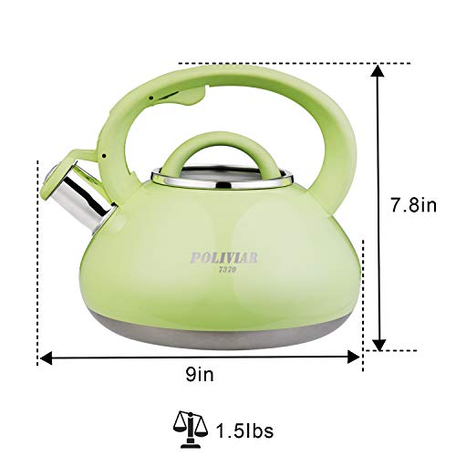 Poliviar Tea Kettle, 2.1 Quart Green Loud Whistle Food Grade Stainless Steel Teapot, Anti-Hot Handle and Anti-Rust, Suitable for All Heat Sources (JX2018-GRE20) - Thumbnail 5