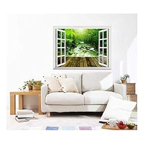Removable Wall Sticker/Wall Mural - Wooden Platform and Tropical Mountain Stream with Sunbeam in a Morning | Creative Window View Home Decor/Wall Decor - 24" x 32"