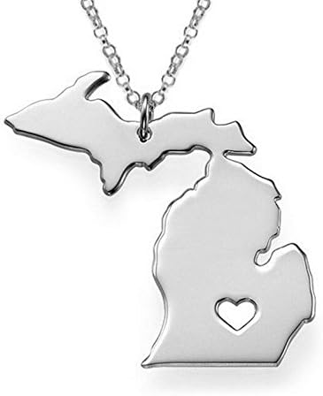 1pcs/lot Stainless Steel Michigan Map Charm Pendant Necklaces with a Heart (Silver)