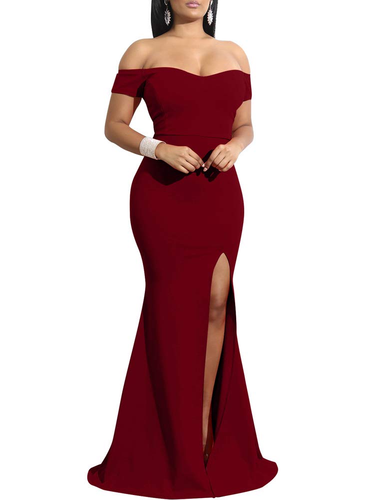Photo 1 of  2xl YMDUCH Womens Off Shoulder High Split Long Formal Party Dress Evening Gown WineRed