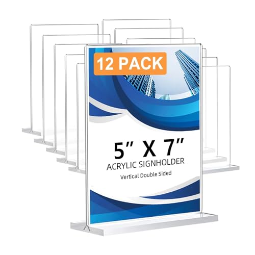Photo 1 of 12 Pack Acrylic Sign Holder 5 x 7, Double-Sided Clear Sign Holder Plastic Stands for Display, T Shape Acrylic Table Sign Stands for Office Store Restaurants Wedding Party Decoration