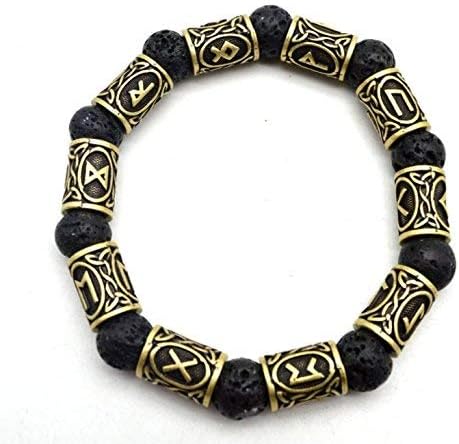 WarmShine Ladies Mens Norse Celtic Nordic Rune Talisman Bracelet Jewelry Pendant, Viking Norse Runes Volcanic Rock Bracelet (Bronze)