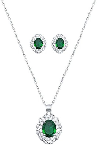 QUKE Silver-tone Emerald Color Cubic Zirconia Crystal Bridal Wedding Necklace Stud Earrings Woman Jewelry Set