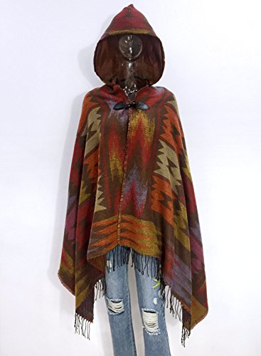 Futurino Women's Winter Boho Jacquard Plaid Hooded Poncho Cape Coverup OneSize Bronze