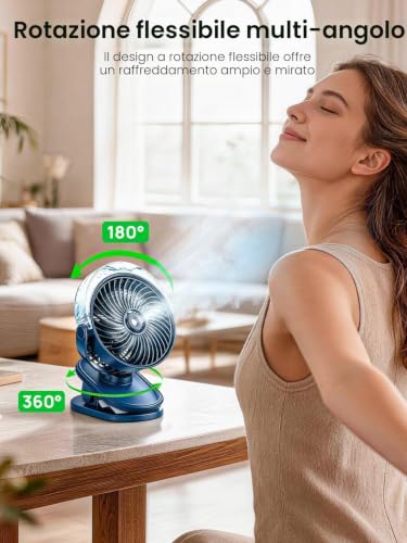 Ventilatore a Clip con Nebbia, 6000mAh USB-C Ricaricabile Mini Ventilatore Personale, 4 Velocità – 360° Girevole, Silenzioso, Luce LED per Passeggino, Carrello da Golf, Campeggio, Ufficio & Viaggio