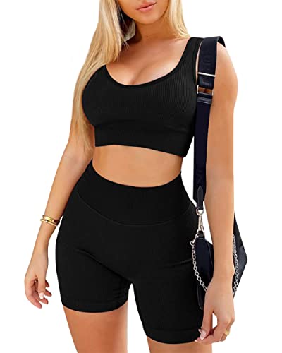 OLCHEE Women’s Sexy 2 Piece Workout Sets - Seamless Ribbed Legging Shorts and Scoop Neck Sports Bra Yoga Activewear Set - Black Size M
