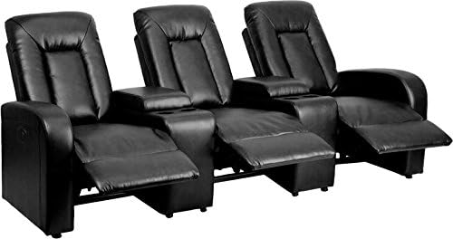 Winston Direct Cinema Series 3-Seat Motorized, Push Button &amp; Automated Reclining Black Leather Theater Seating Unit with Cup Holders