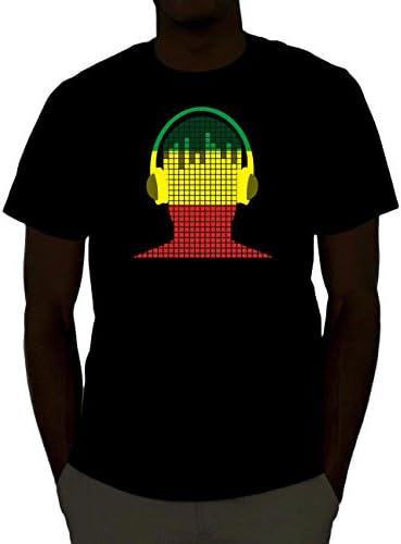 Flashwear Men's Sound Activated Real LED Light Up Equalizer T-Shirt (Small, Rasta Headphones)