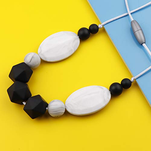 TUXEPOC Nursing Necklace for mom to wear Silicone Feeding teether Safe chew Beads for Babies Necklace bpa Teething Baby Calm Necklace (Black and White)