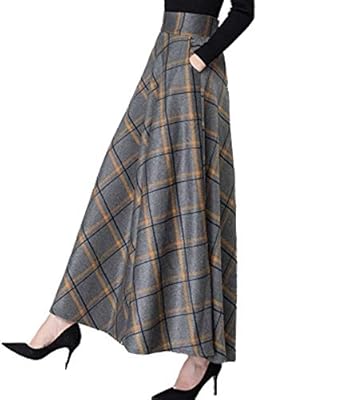 Femirah Women's Vintage Plaid High Waist A-Line Fall Winter Maxi Wool Skirt