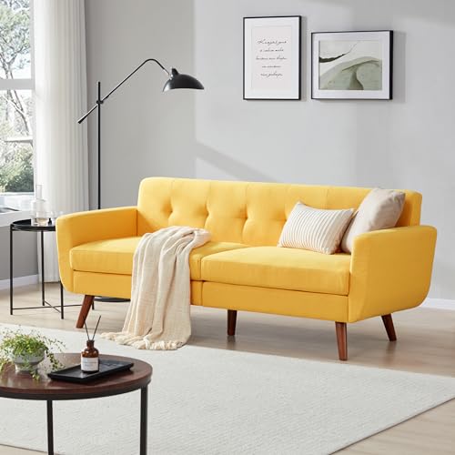 Tbfit 78" W Linen Sofa Couch, Mid Century Modern Decor Loveseat Couches for Living Room, Button Tufted Upholstered Small Couch for Bedroom, Solid, and Easy to Install Love Seats Furniture, Yellow