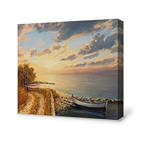 Boats Park in Harbor in Sunset Painting Artwork...