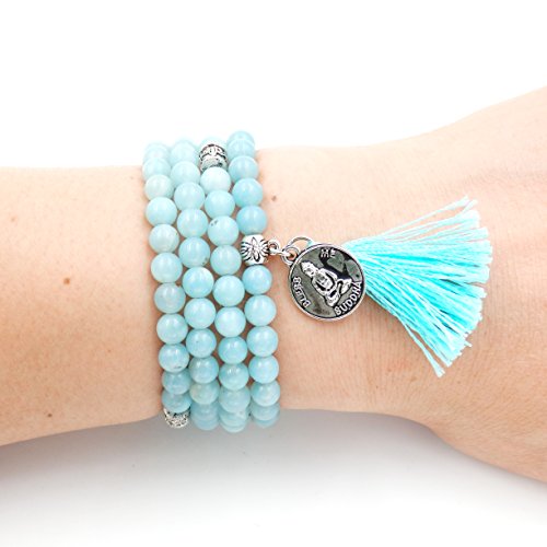 Mala Beads Bracelet, Buddhist Mala Prayer Beads, Buddha Bless Me Statement Necklace (Amazonite)
