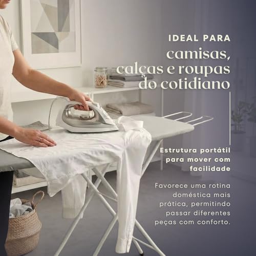 Tabua de Passar Roupa Dobrável com Suporte para Ferro | Estrutura em Aço Reforçado | Tecido Térmico Metalizado | 3 Regulagens de Altura | Mesa de Passar Roupa Portátil Resistente Premium