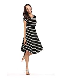 Halife Vestido de rayas elásticas de verano informal, cintura suelta, Beach Midi, para dama